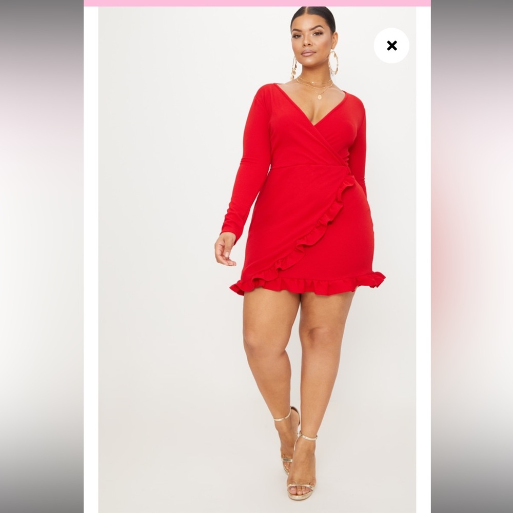 PrettyLittleThing Plus Red Ruffle Detail Wrap Dress